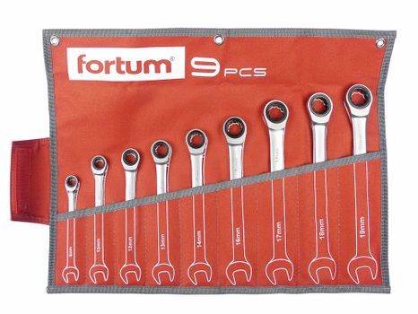 Račňové očko-vidlicové kľúče 8-19mm, 9-dielna sada Fortum